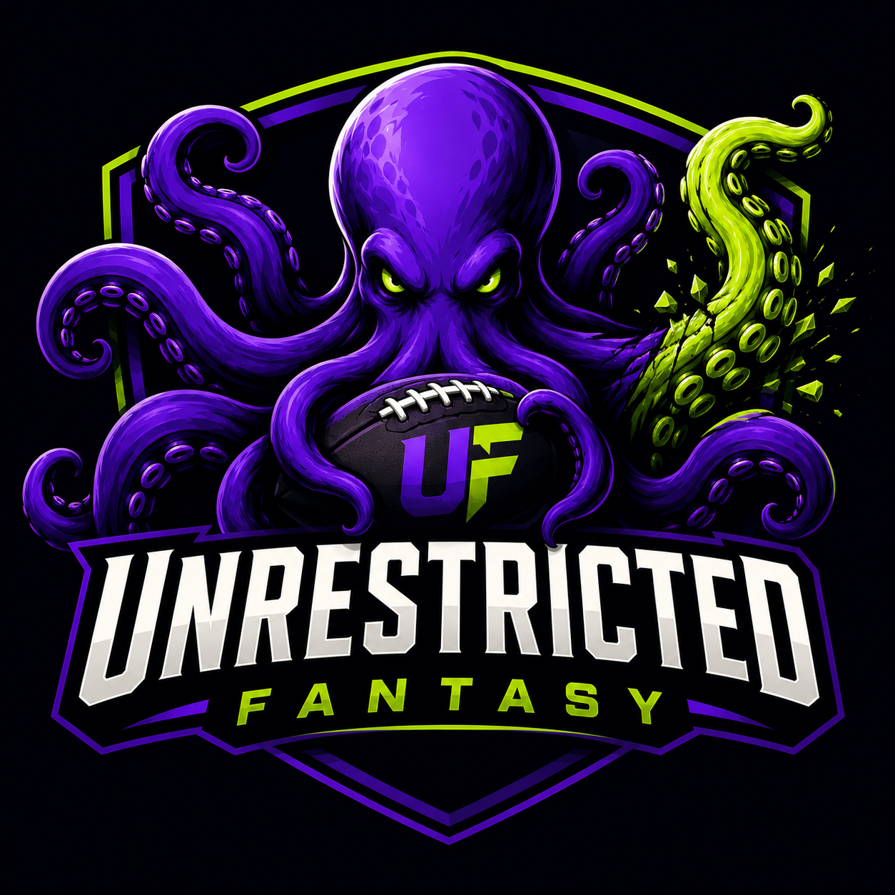 Official Unrestricted Fantasy kraken emblem with one Acid Lime tentacle breaking beyond the shield